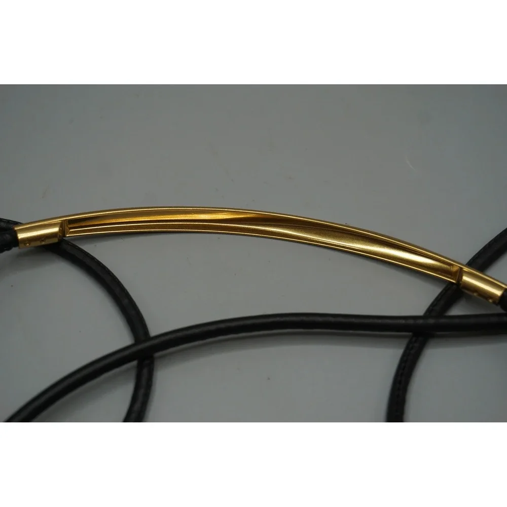 Minimalist Black Cord Wrap Belt Gold Tone Curved Bar Lariat Necklace 87 Inch